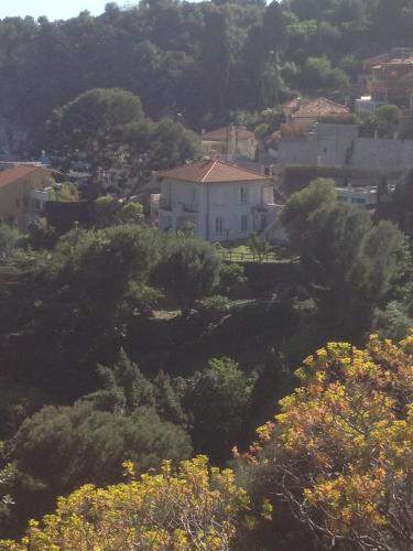 a view of a city with trees and a building at La Masa in Èze