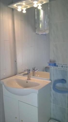 une salle de bain avec un lavabo et un miroir dans l'établissement Chez danielle et guy, à Léon