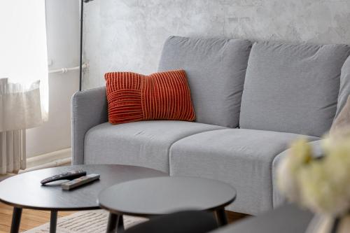 - un salon avec un canapé gris et un oreiller rouge dans l'établissement Le Lili's Home élégant F4 proche du centre-ville de Rouen, à Rouen