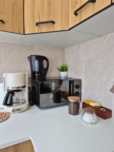 a kitchen counter with a microwave on a counter top at Appartement cœur de ville in Lorient