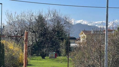 a fence in a yard with a tree and mountains at La Dimora di Borgo in Borgo San Dalmazzo