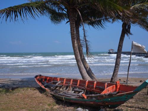 a boat sitting on the beach next to two palm trees at Beach Front Villa, Saphli beach, Chumphon,Thailand in Ban Tha Samet (1)