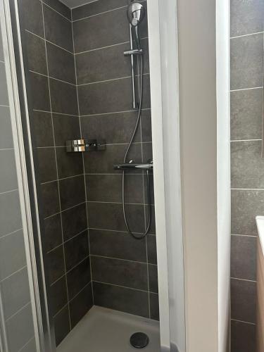 a shower with a shower head in a bathroom at Snow Roc Mountain View in Saint-Jean-dʼAulps