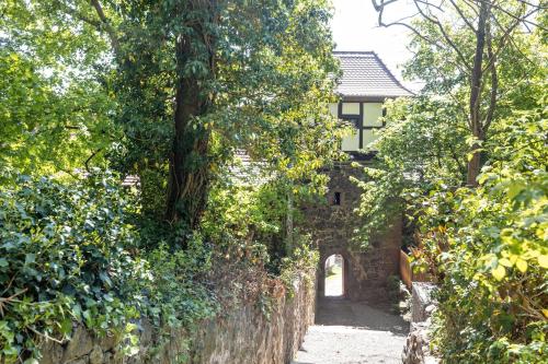 an old building with a stone wall and trees at Fewo45 in Homberg