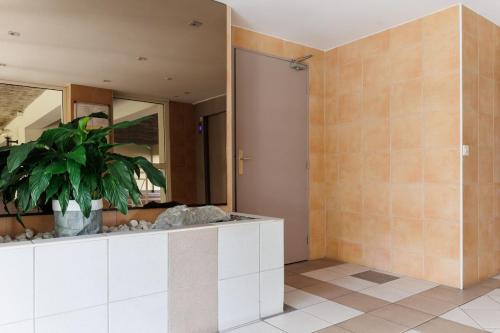 une salle de bains avec une plante en pot sur un comptoir dans l'établissement Comfortable Apartment Close to Biarritz Beach and City Center, à Biarritz