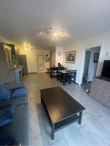 un salon avec un canapé et une table dans l'établissement Confort, à la mer, tout à pied !, à Six-Fours-les-Plages