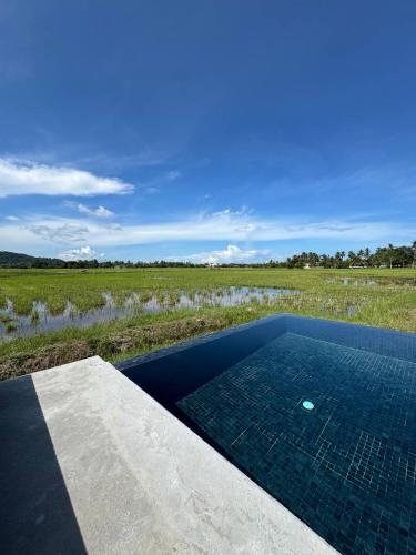 a swimming pool with a view of a field at Ezu Isle Langkawi Pool Villa in Pantai Cenang
