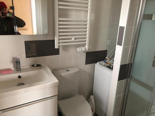 une petite salle de bain avec toilettes et lavabo dans l'établissement L'Horizon Bleu, front de mer, jardin, parking, wifi, à Asnelles