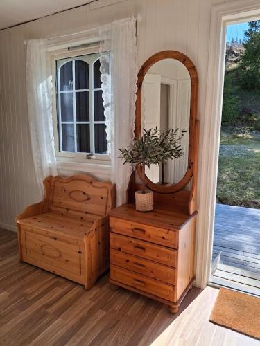 a dressing room with a mirror and a wooden dresser at Hillside - Adventure Norway in Bjelland