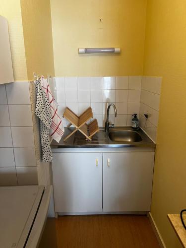 - un comptoir de cuisine avec un évier et un livre dans l'établissement Appartement au coeur de Saumur - Chambre climatisée, à Saumur