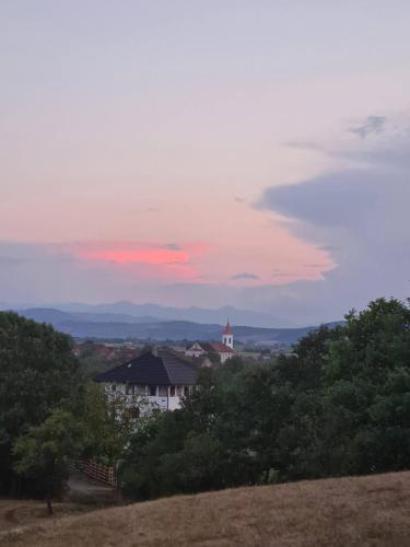 a view of a church and a pink sunset at Pensiunea Cocosel in Căstău