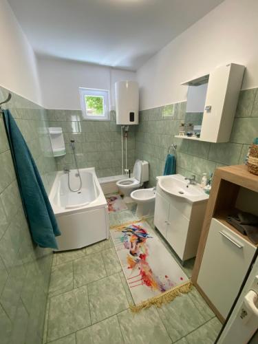 a bathroom with a toilet and a tub and a sink at Căsuța Urșilor , Năvodari in Sibioara