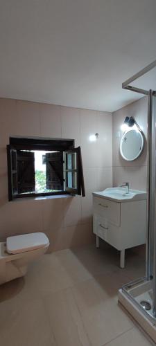 a bathroom with a toilet and a sink and a mirror at Guest House in Paradise in Karmi