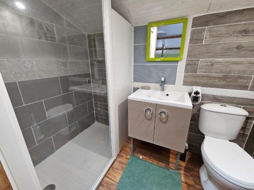 un bagno con doccia, WC e lavandino di Le Clos du Tramaillou gite La Grand Voile pour 6 S a Annezay