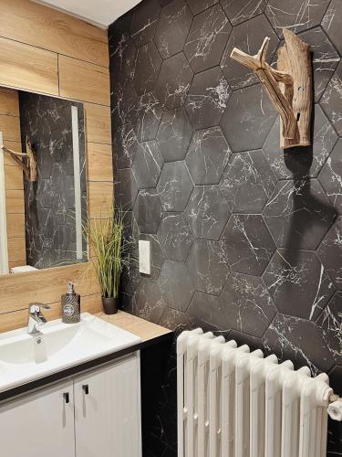 La salle de bains est pourvue d'un lavabo et d'un mur noir. dans l'établissement CH2 - MANOIR DU MOULINIER - Campagne - Calme - Petit-déjeûner inclus - Table d'hôte sur réservation - Parking gratuit, à La Limouzinière