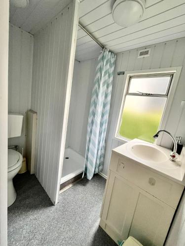a bathroom with a sink and a toilet and a window at Domek Holenderski in Mielno