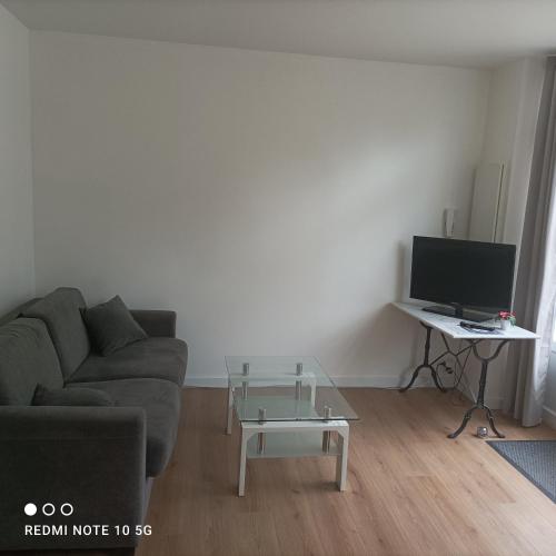 Il comprend un salon doté d'un canapé et d'une table avec une télévision. dans l'établissement Appartement Dumas, à Bayeux