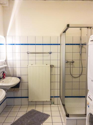 a bathroom with a shower and a sink at Ferienwohnung Siel 40 Ditzum 45253 in Ditzum