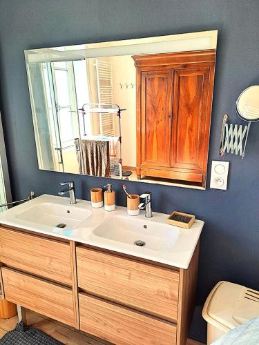 une salle de bain avec un lavabo et un grand miroir dans l'établissement Les Chambres de la Violette, à Grenier-Montgon