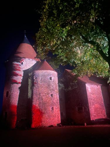 a large castle with red lights on it at night at Château de Bouesse en Berry in Bouesse