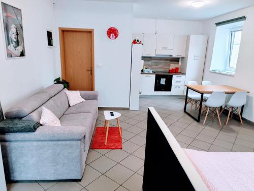 a living room and kitchen with a couch and a table at Soca treasure with free parking in Bovec