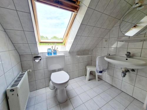 a bathroom with a toilet and a sink at Ferienwohnung "Lütt Welt" in Welt