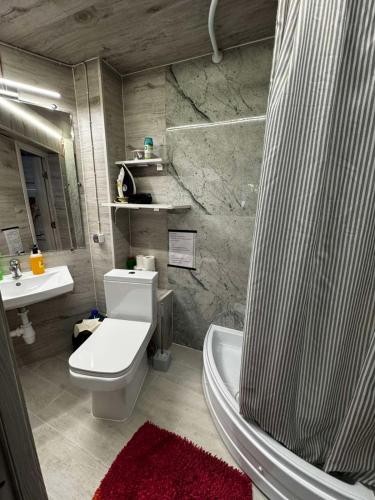 un bagno con doccia, WC e lavandino di Hotel a Chişinău