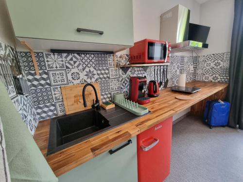 La cuisine est équipée d'un évier et d'un four micro-ondes rouge. dans l'établissement La Maison Lourégo CAPUCINE, à Hauterives