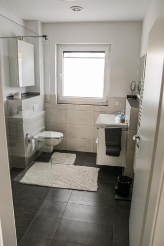 a bathroom with a sink and a toilet and a window at Ruhige Wohnung mit Terrasse in Oberbrechen