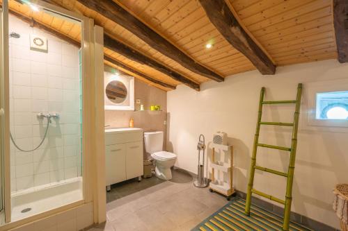 a bathroom with a shower and a toilet and a ladder at Les gîtes du logis in Saint-Romain-de-Benet