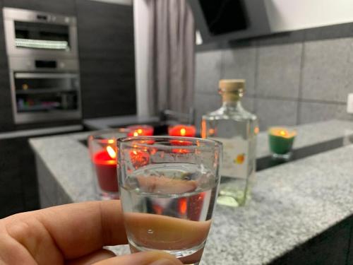 a person holding a glass of water in a kitchen at Apartment for couples in Hainburg an der Donau