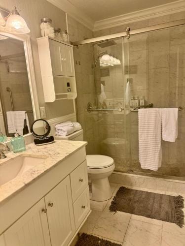 a bathroom with a shower and a toilet and a sink at Paradise at Peaceful in Palm BayTiki Bar Pool Spa 4 Bedroom 2 Full Bathrooms 2 half Bathrooms in Palm Bay