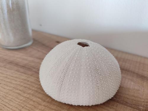 a white cap sitting on top of a wooden table at Villa Marie in Courçon