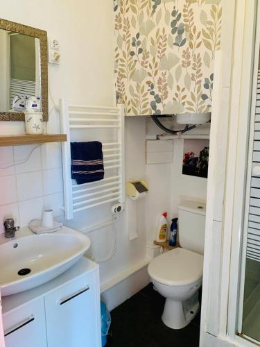 une salle de bain avec des toilettes blanches et un lavabo dans l'établissement Votre appt en plein coeur du Touquet, à Le Touquet-Paris-Plage