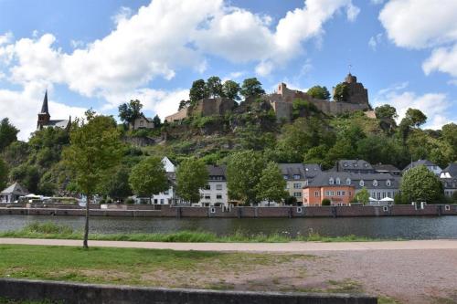a town with a castle on a hill next to a river at Ferienwohnung Zum Geisberg in Ockfen