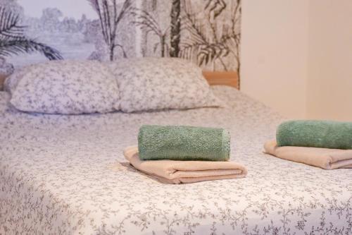 - un lit avec des serviettes et des oreillers dans l'établissement Maison de vacances - quartier calme - 6 personnes, à Les Sables-dʼOlonne