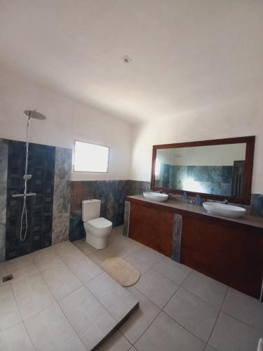 a bathroom with a sink and a toilet and a mirror at Prince Anakao in Anakao