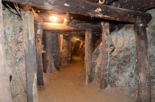 a long corridor in a cave with wooden beams at Schloss Gravetsch in Villandro