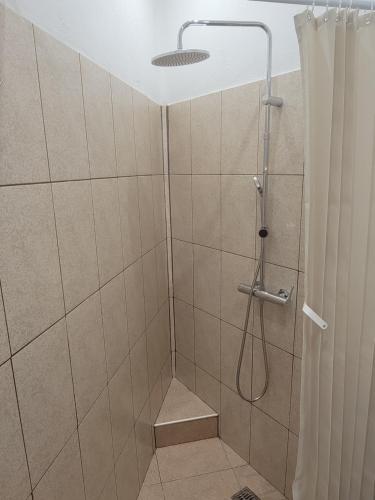 a bathroom with a shower with a shower curtain at Gioula's Residence in Patitiri