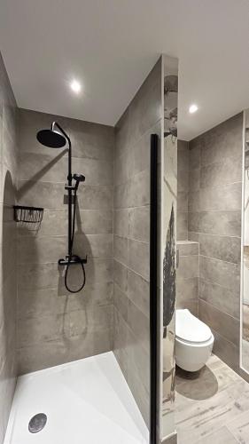 une salle de bain avec douche et toilettes dans l'établissement CASA DI RAMATTA - Chez l'apicultrice, à Sotta