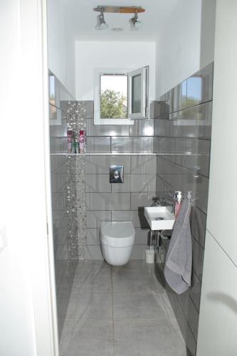 une salle de bain avec toilettes et lavabo dans l'établissement Les bougainvilliers, à Penta-di-Casinca