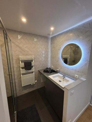 une salle de bain avec un lavabo et un miroir dans l'établissement Appartement neuf CDG, Asterix, Chantilly, Mer de Sable, à La Chapelle-en-Serval