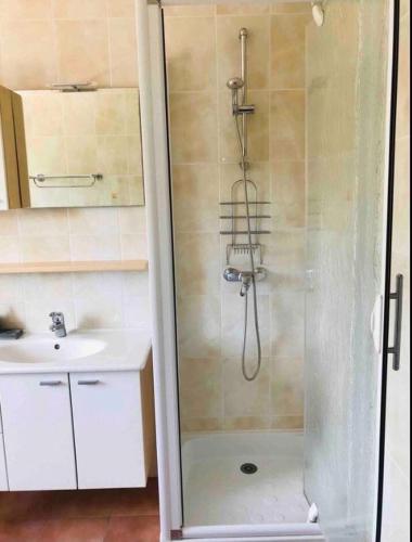 une salle de bain avec douche et lavabo dans l'établissement T3 proche du Viaduc de Millau, à Saint-Georges-de-Luzençon