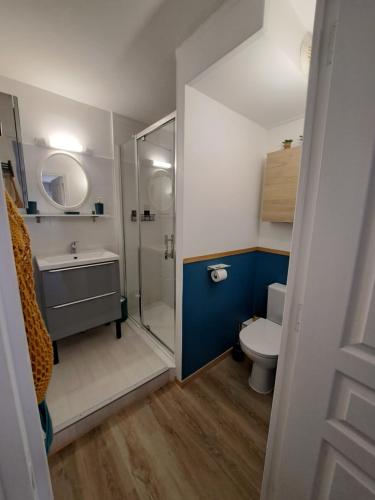 une salle de bain avec une douche, un lavabo et des toilettes dans l'établissement Appartement Calme et idéalement situé, à Port-Vendres
