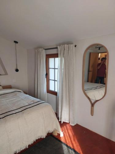 a bedroom with a bed and a mirror at Le Pavadou B&B in Méthamis
