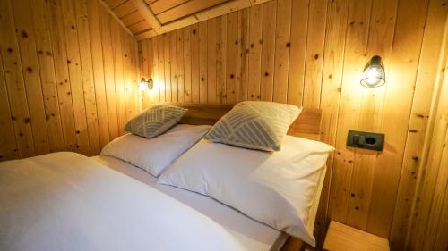 a bedroom with two beds in a wooden wall at Glamping Avantura- a natural getaway by the Kolpa River in Kostel