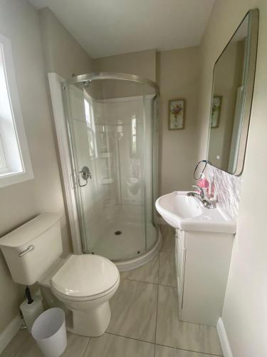 a bathroom with a shower and a toilet and a sink at Talisman's Gem in Fredericton