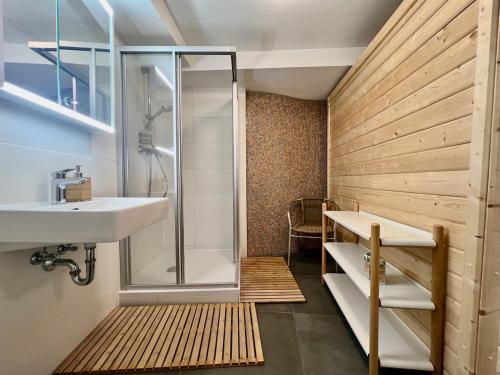 a bathroom with a shower and a sink at Altstadt Apartments Melk mit Sauna in Melk