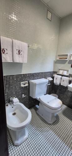a bathroom with a white toilet and a sink at Hotel Carlos V in Granada