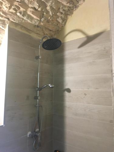 une douche avec pommeau de douche dans une salle de bain dans l'établissement beautiful arched stone apartment 1 bd, à Mons